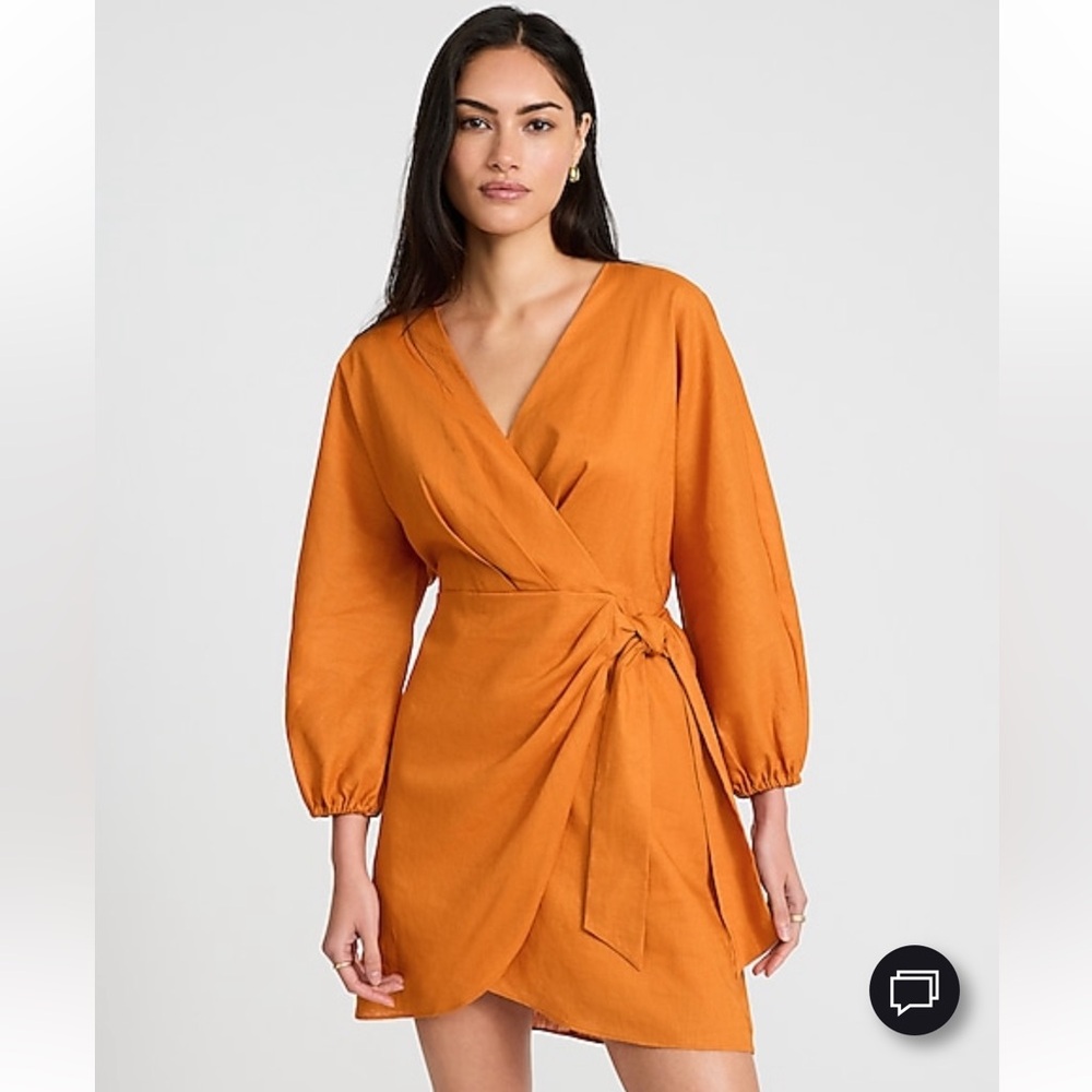 Express Linen Blend V-Neck Long Sleeve Tie Wrap Mini Sheath Dress NWT Size M - Picture 5 of 10